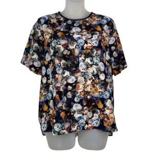 NWT ZARA‎ WOMAN BLACK FLORAL FAUX LEATHER TRIM BUTTON BACK BLOUSE LARGE